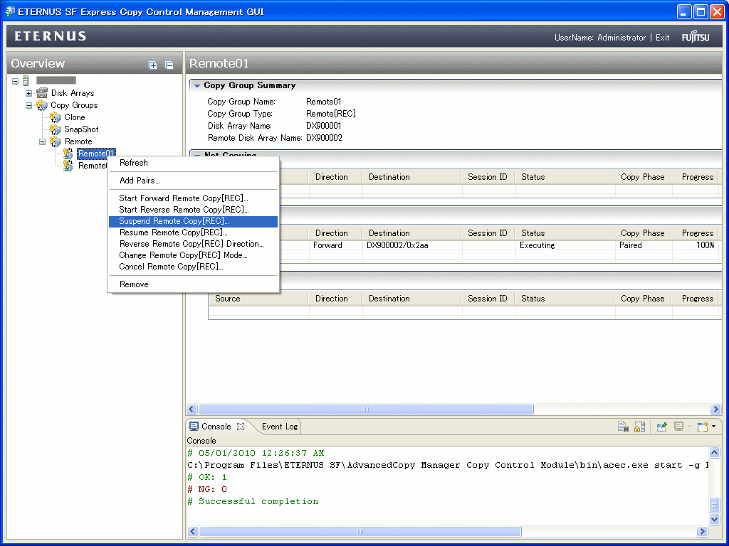 suspend copy click [suspend remote copy[rec]] in the copy group